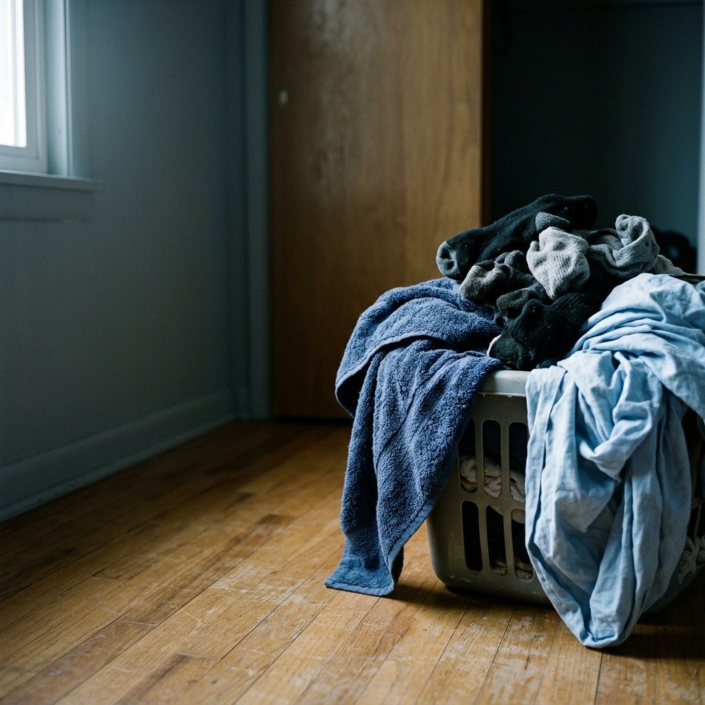 Overflowing laundry basket with socks and a damp towel
