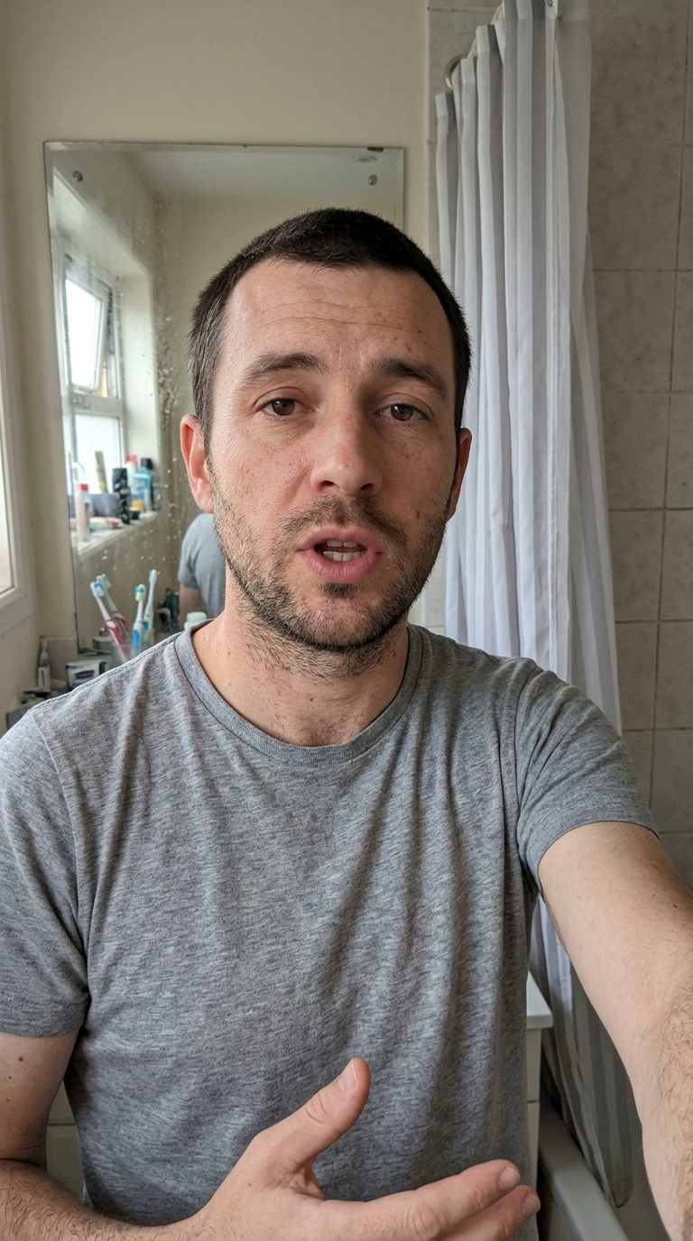 Customer selfie in an ordinary bathroom