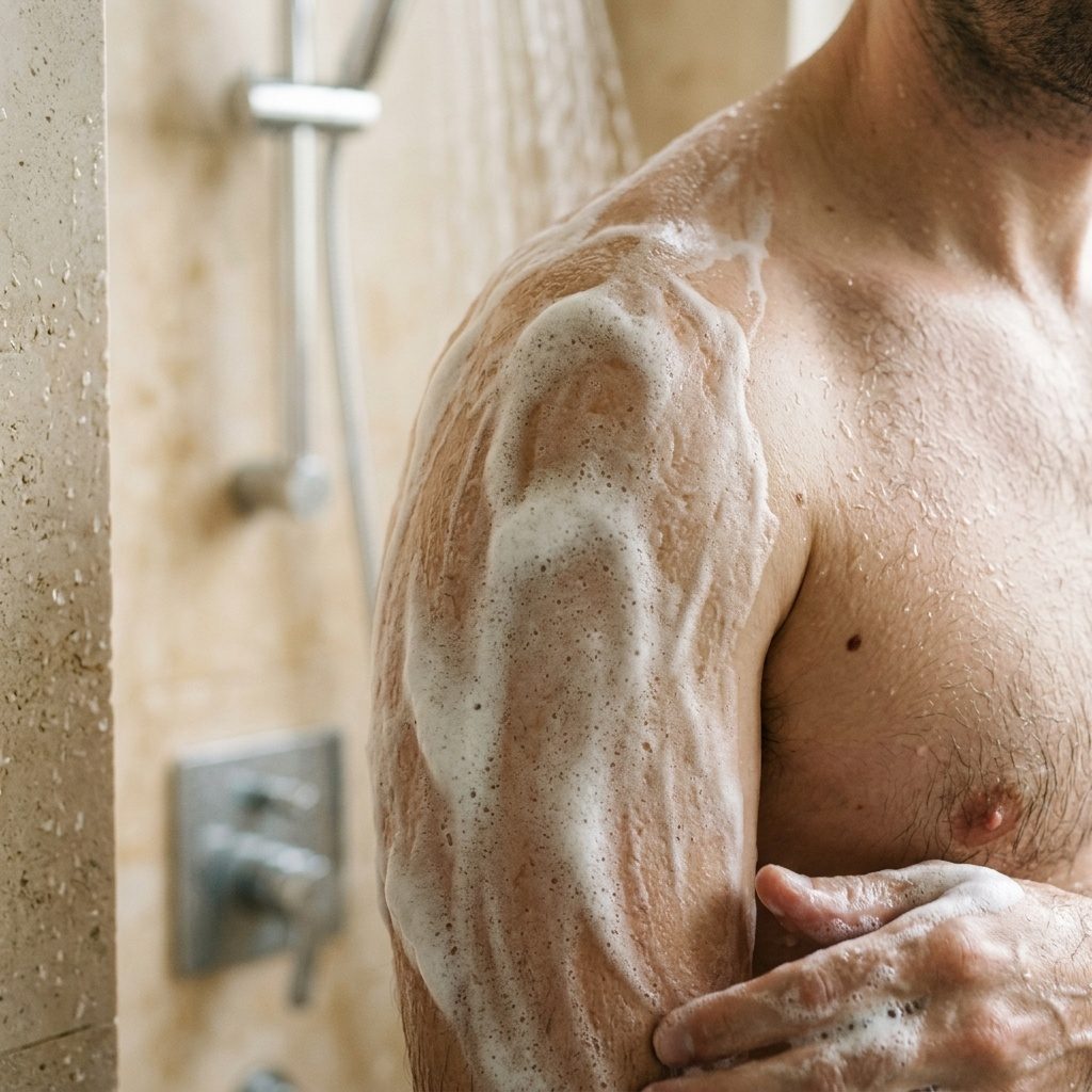 Thick lather covering the shoulder and upper arm