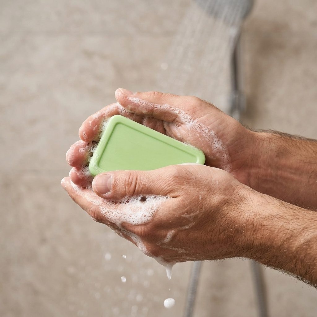 Hands working the Valior bar into a thick lather