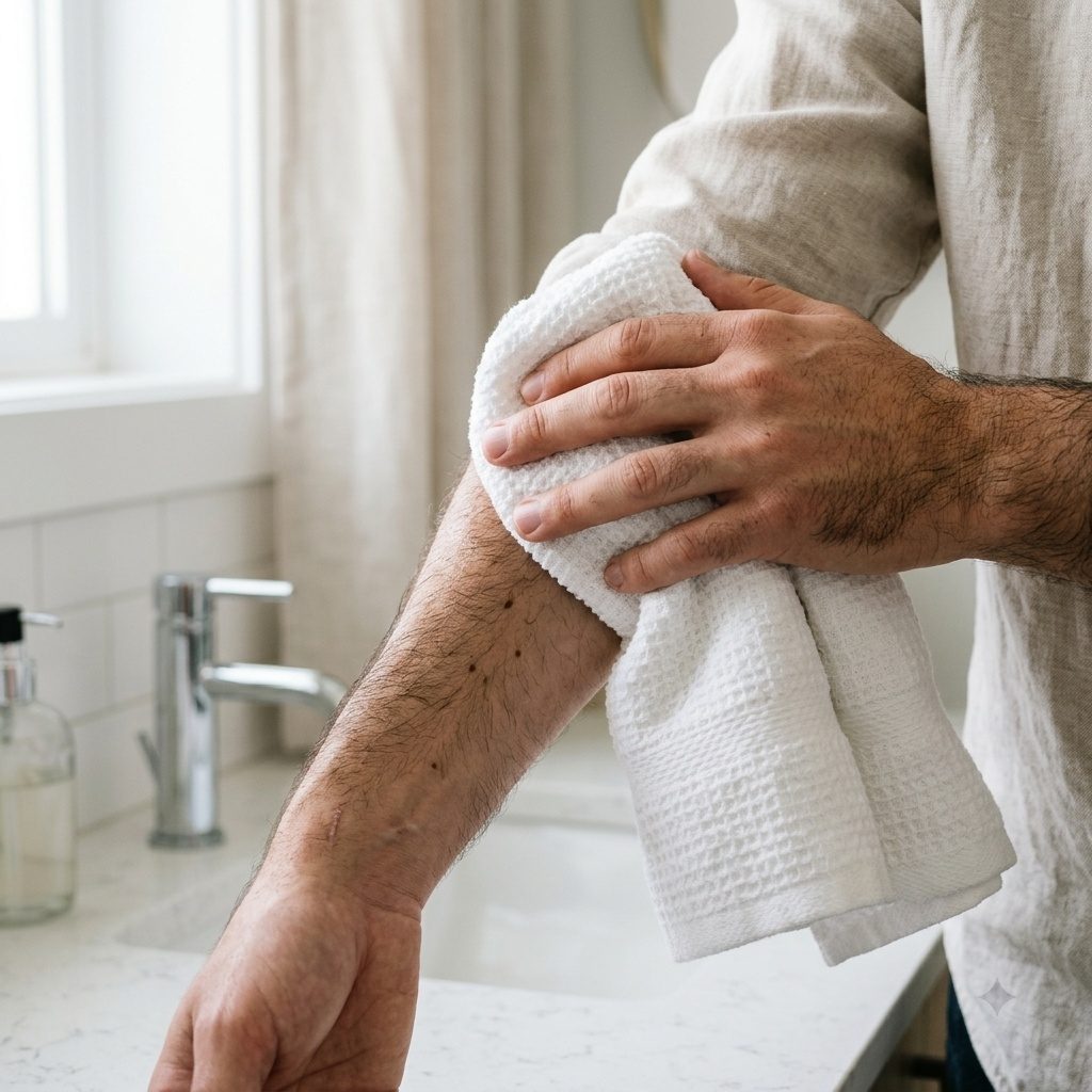 Man drying his forearm with a towel