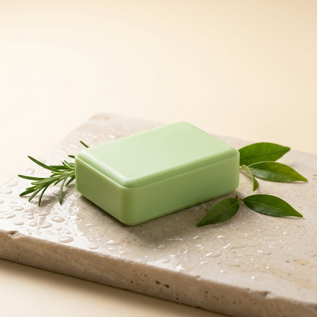 Valior Spore Lift bar on wet stone with rosemary and tea tree