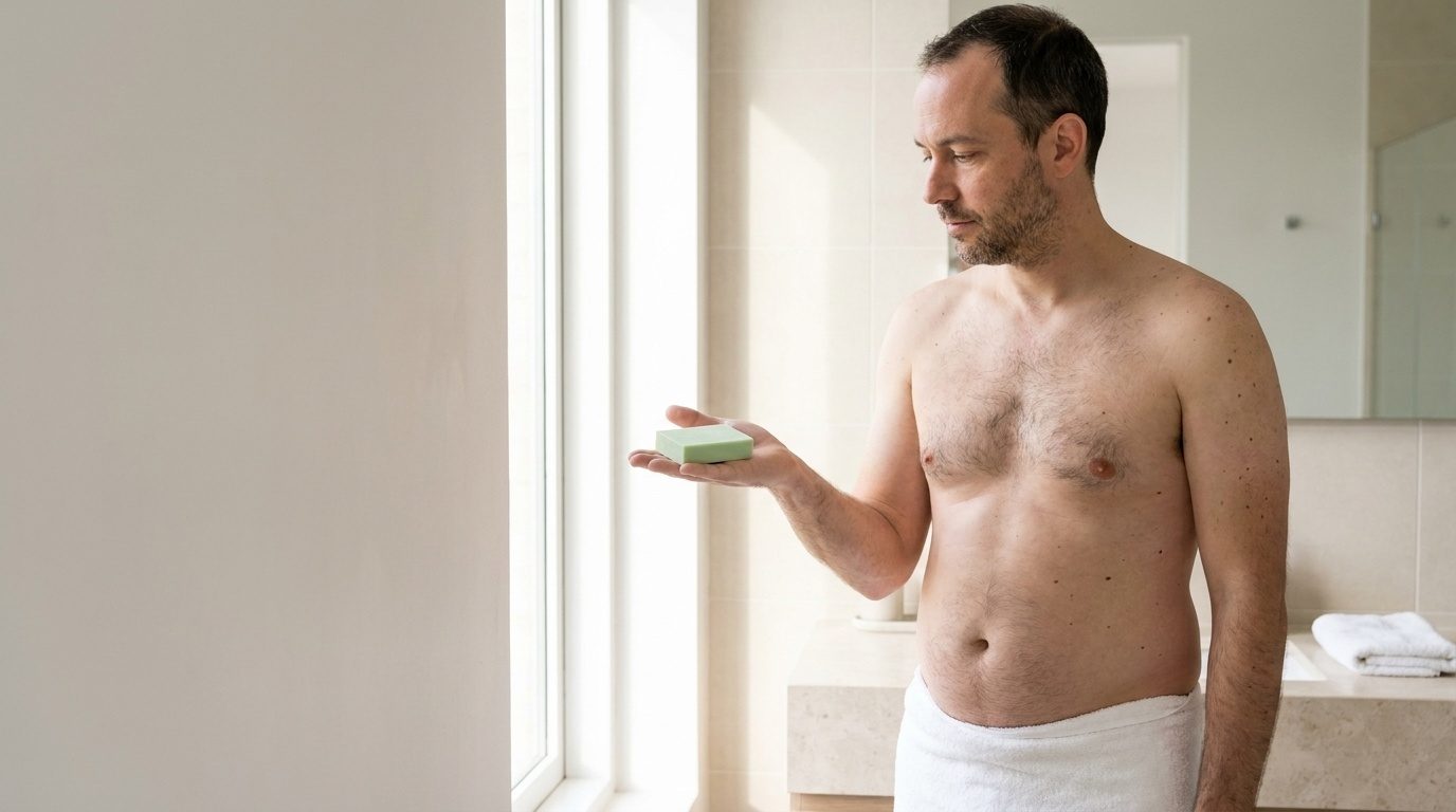 Man holding the Valior Spore Lift bar in an ordinary bathroom