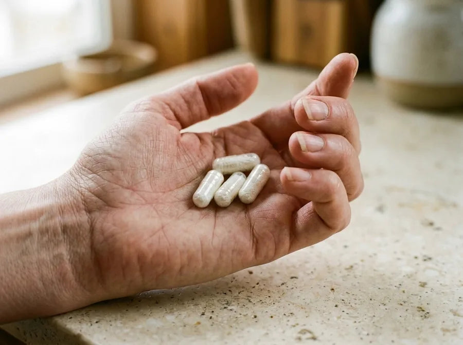 Four capsules resting in an open palm