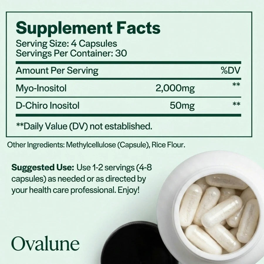 Ovalune supplement facts panel: 4 capsules, myo-inositol 2,000mg, D-chiro inositol 50mg