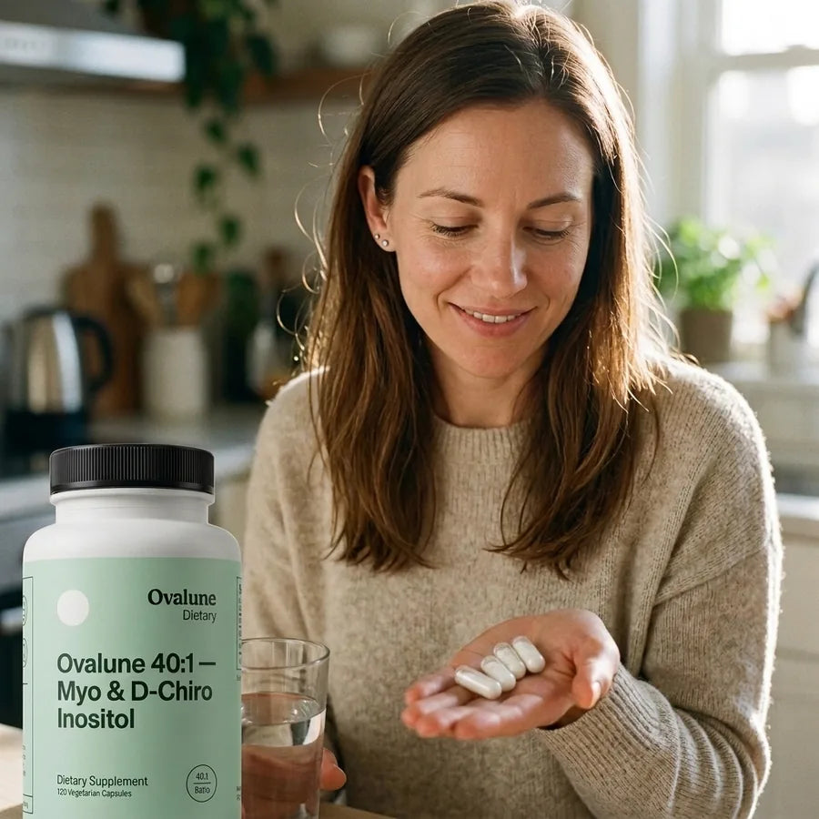 Four capsules in her palm, mid-morning routine